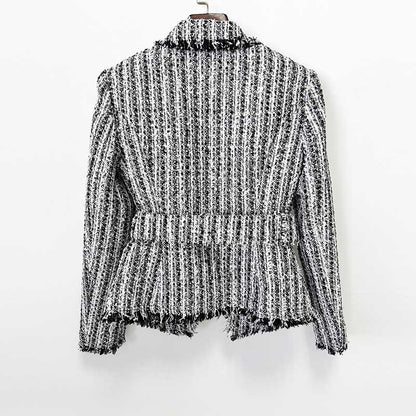 Multi Color Tweed Blazer Set Belted Lapel Zip-Up Skirt Suit