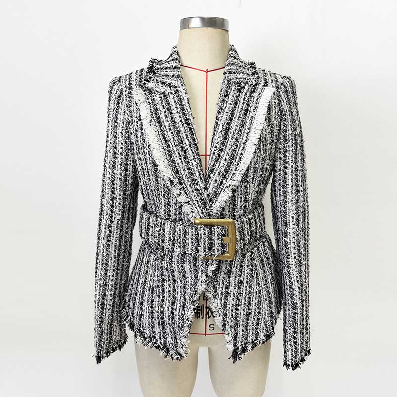 Multi Color Tweed Blazer Set Belted Lapel Zip-Up Skirt Suit
