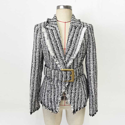 Multi Color Tweed Blazer Set Belted Lapel Zip-Up Skirt Suit