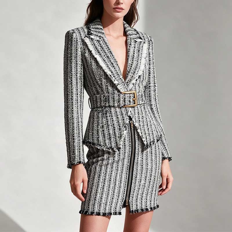 Multi Color Tweed Blazer Set Belted Lapel Zip-Up Skirt Suit