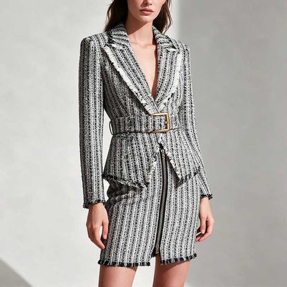Multi Color Tweed Blazer Set Belted Lapel Zip-Up Skirt Suit