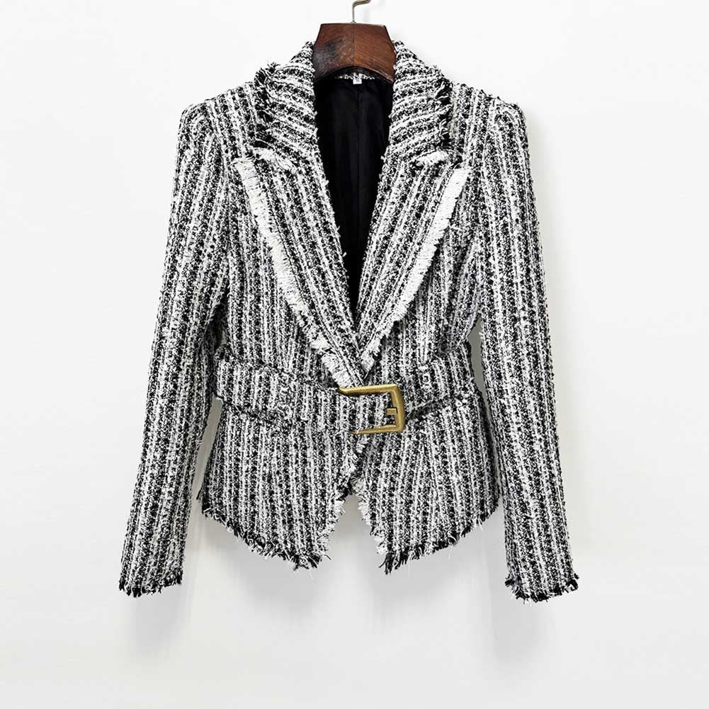 Multi Color Tweed Blazer Set Belted Lapel Zip-Up Skirt Suit