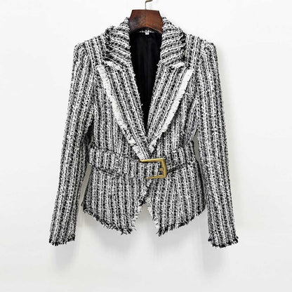 Multi Color Tweed Blazer Set Belted Lapel Zip-Up Skirt Suit
