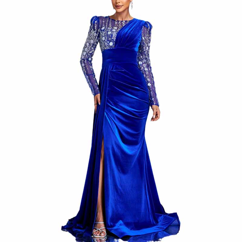 Navy Blue Satin Long Prom Dress Sequin Top High Split Wedding Ball Gown