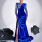 Navy Blue Satin Long Prom Dress Sequin Top High Split Wedding Ball Gown