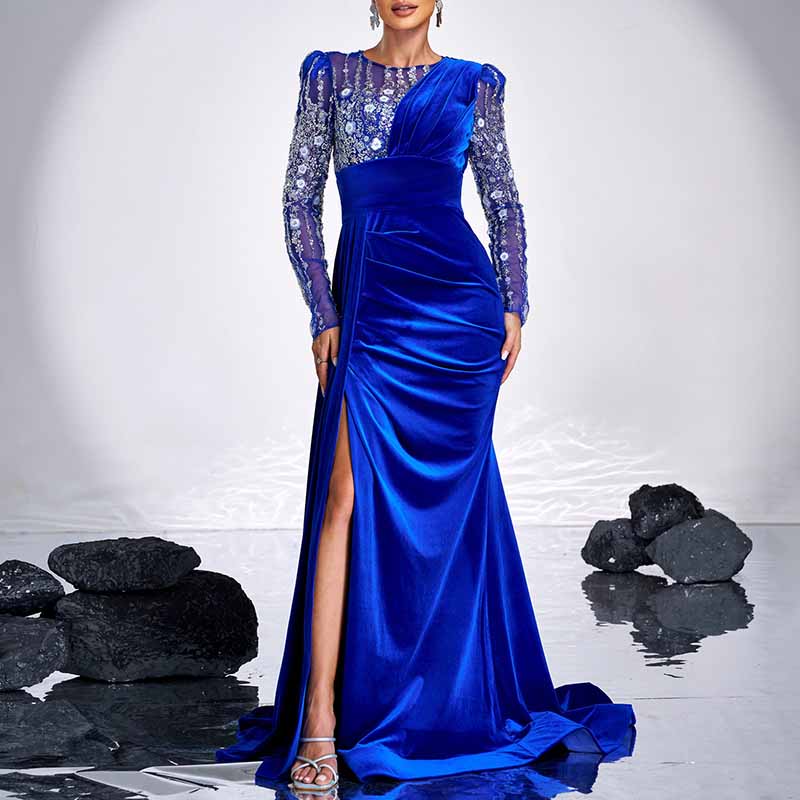 Navy Blue Satin Long Prom Dress Sequin Top High Split Wedding Ball Gown