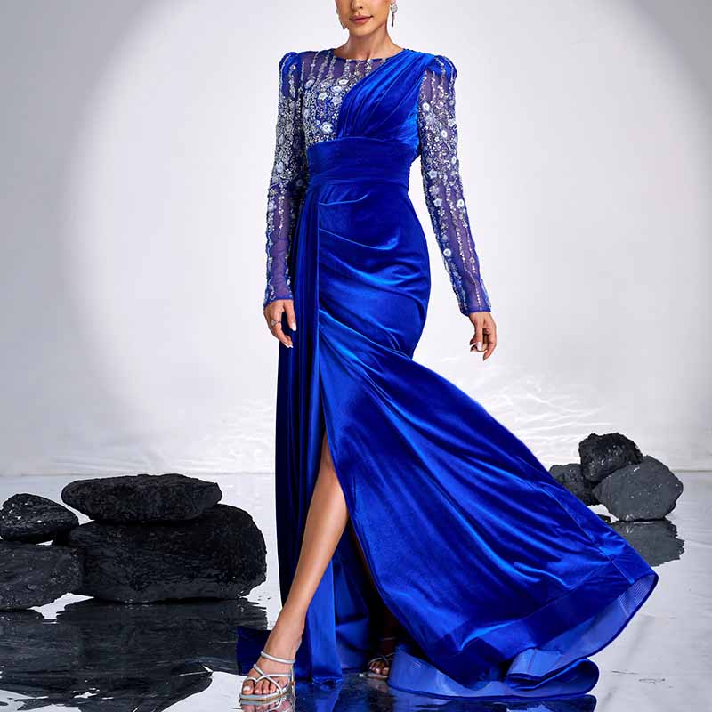 Navy Blue Satin Long Prom Dress Sequin Top High Split Wedding Ball Gown