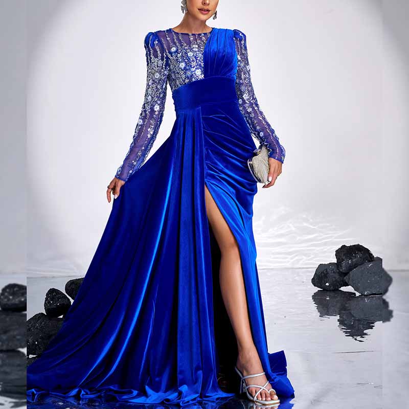 Navy Blue Satin Long Prom Dress Sequin Top High Split Wedding Ball Gown