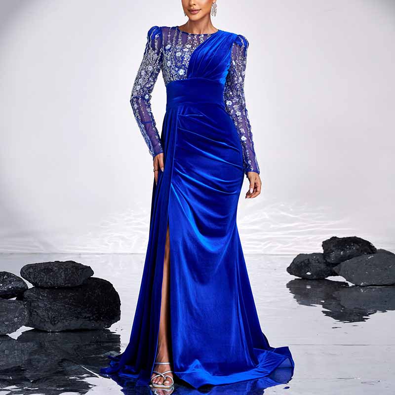 Navy Blue Satin Long Prom Dress Sequin Top High Split Wedding Ball Gown