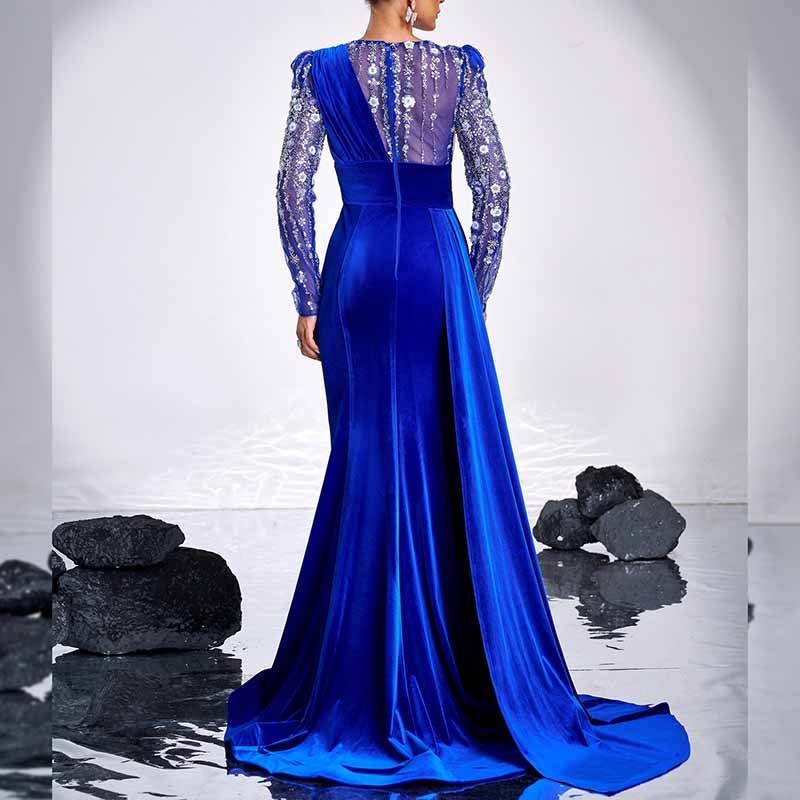 Navy Blue Satin Long Prom Dress Sequin Top High Split Wedding Ball Gown