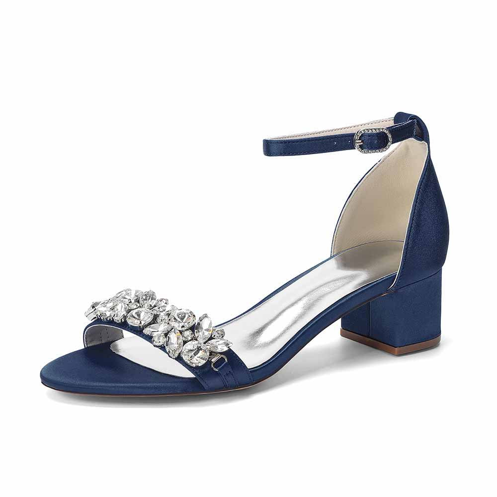 Women's Rhinestone Embellished Satin Strap Chunky Heel Sandals - Wedding Party Bridal Dress Shoes for Women