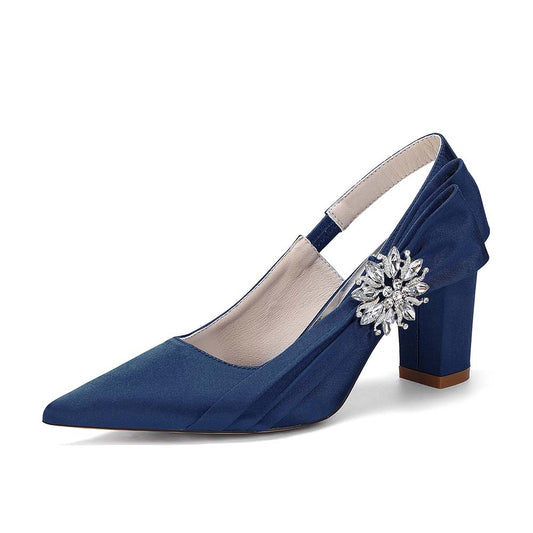 Elegant Satin Slingback Wedding Shoes for Bride, Crystal Embellished Chunky Heel Bridal Pumps