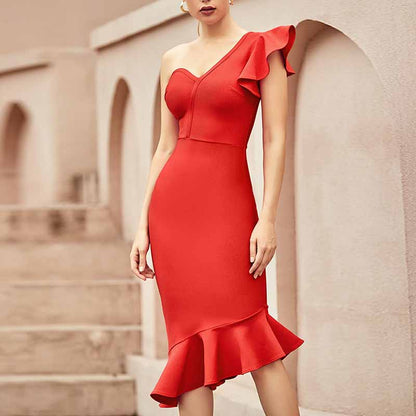 Women's One Shoulder Bandage Dresses for Women Wedding Guest Sexy Formal Midi Dress