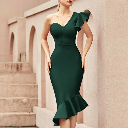 Women's One Shoulder Bandage Dresses for Women Wedding Guest Sexy Formal Midi Dress