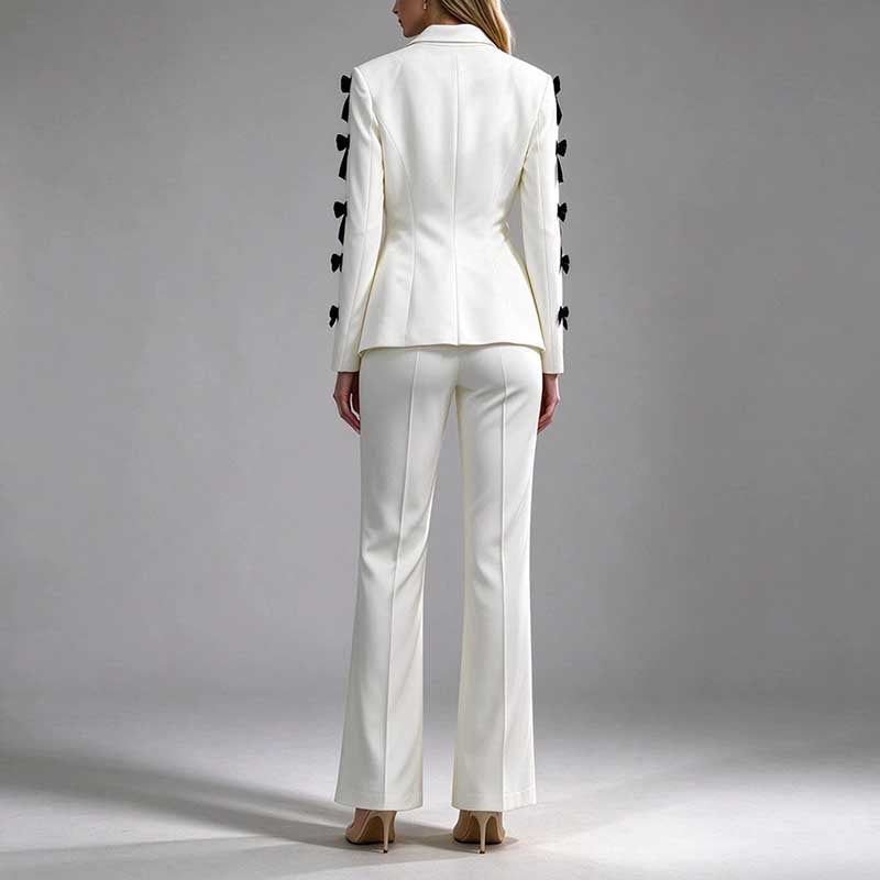 White Blazer Formal Set Black Bow Cut-Out Sleeves Flared Leg Pantsuit