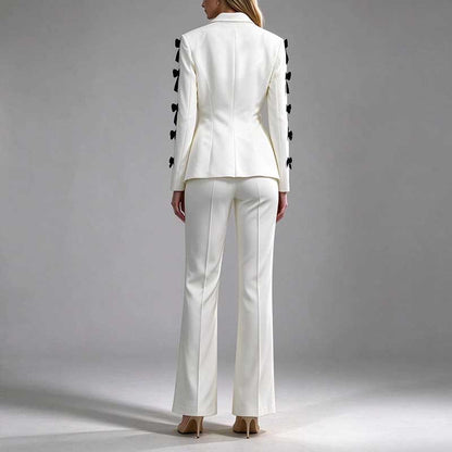 White Blazer Formal Set Black Bow Cut-Out Sleeves Flared Leg Pantsuit