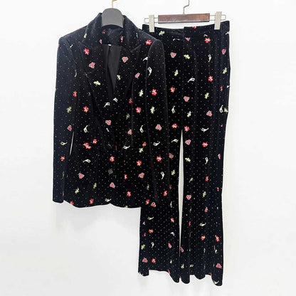 Black Velvet Floral Embroidered Blazer Flared Formal Suit