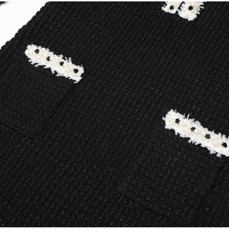 Black Pearl Trim Knit Midi Dress | Long Sleeve Bodycon Dress with White Ruffle Cuffs