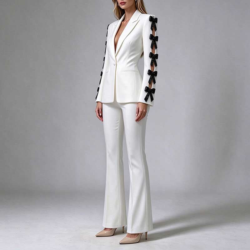 White Blazer Formal Set Black Bow Cut-Out Sleeves Flared Leg Pantsuit