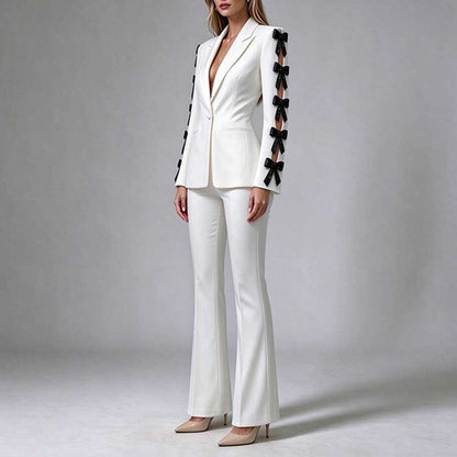 White Blazer Formal Set Black Bow Cut-Out Sleeves Flared Leg Pantsuit