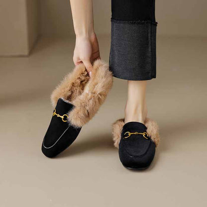 Ladies flat heeled winter shoes lined with rabbit fur slippers