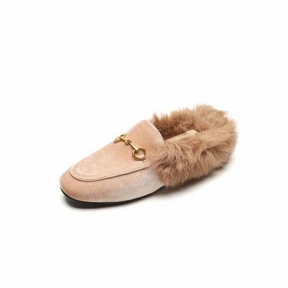 Ladies flat heeled winter shoes lined with rabbit fur slippers