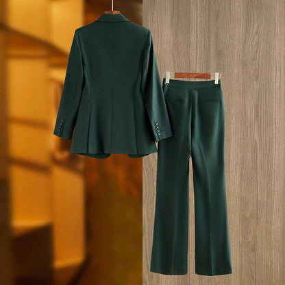 One Button Dark Green Pantsuit Fitted Blazer + Mid-High Rise Trousers Pantsuit Suit Formal Wear