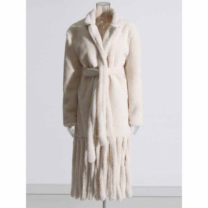 Women Long Warm Coat Tassel Patchwork Winter Coat in Ivory, Brown Color