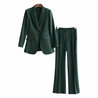 One Button Dark Green Pantsuit Fitted Blazer + Mid-High Rise Trousers Pantsuit Suit Formal Wear