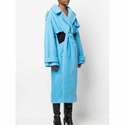 Blue Hollowed and twisted waist slender long warm coat for women