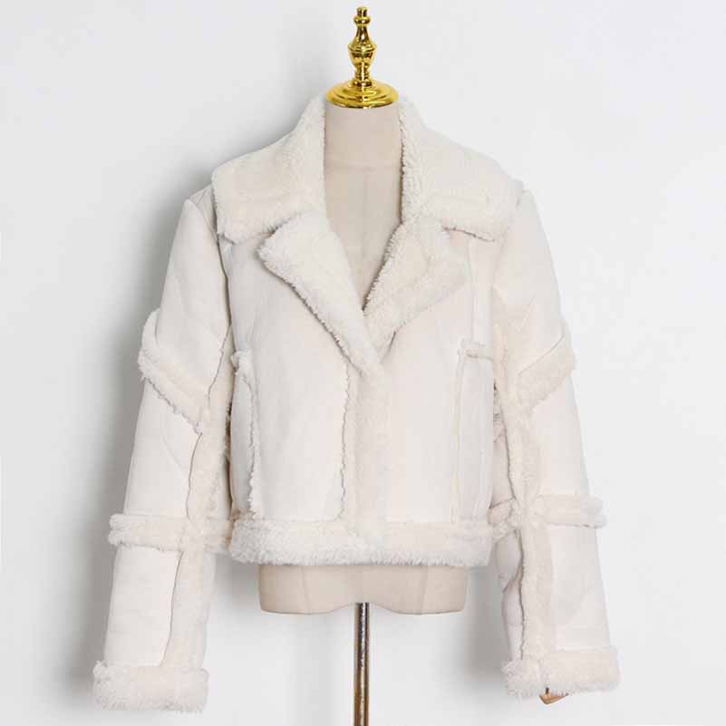 Lapel Collar patchwork lamb short woolen jacket for women