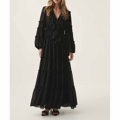 Long Sleeve Red Ruffles V-Neck Maxi Dress