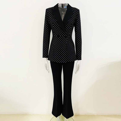 Women Black Pantsuits hot drilling Flare Bottoms Two Pieces Pants Set