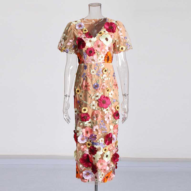 crashing prom midi dress 3D Flower Midi Dress Puff Sleeve Embroidered Midi Length Dress – SD  Dresscode & Fashiontrends