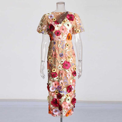 3D Flower Midi Dress Puff Sleeve Embroidered Midi Length Dress