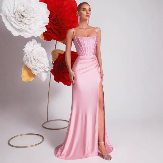 Pink Evening Gown – Crystal Appliques High Slit Mermaid Dress for Formal Events & Prom