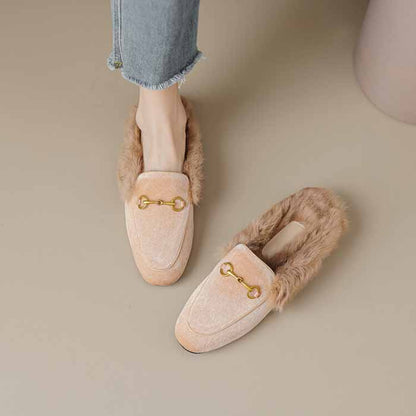 Ladies flat heeled winter shoes lined with rabbit fur slippers