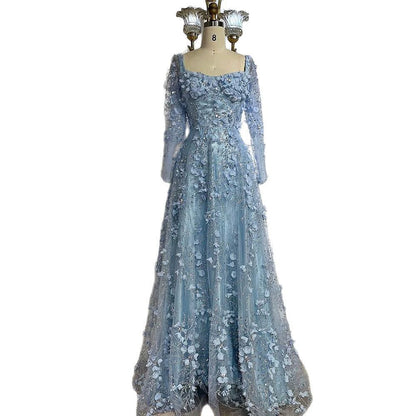 Long Sleeve Floral Tulle Evening Dress Prom Gown for Wedding Banquet