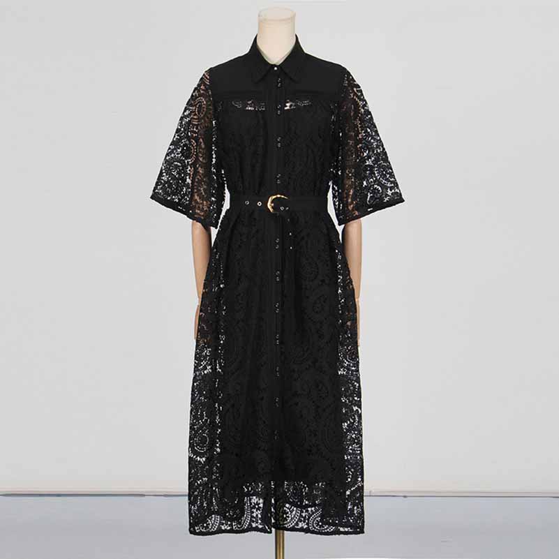 Short Sleeve Hollow Out Lace Midi Dress With Belt