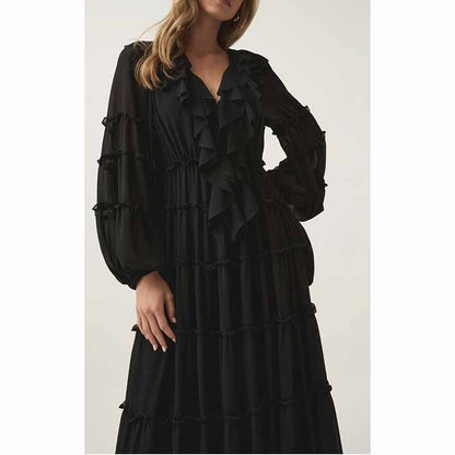 Long Sleeve Red Ruffles V-Neck Maxi Dress