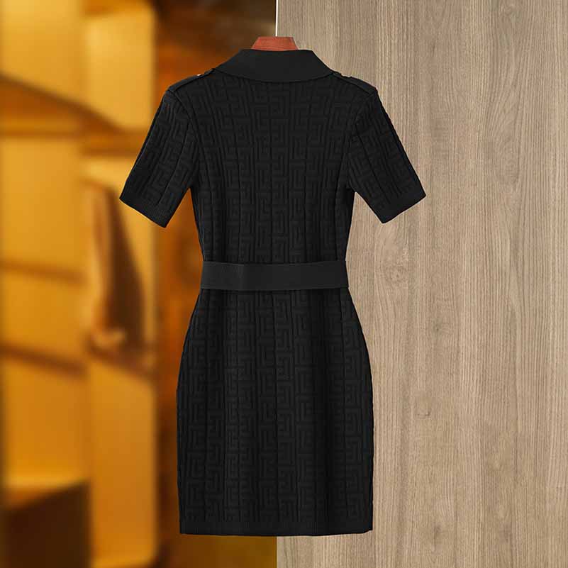 Women Black Short Sleeve Belted Mini Knit Dress