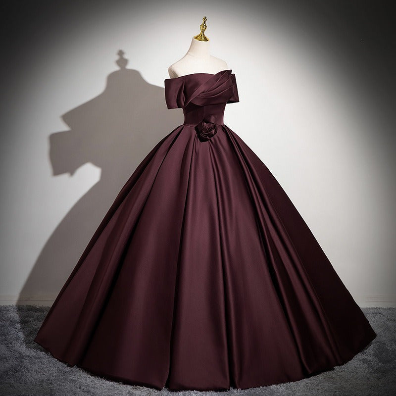 Wine Red Off Shoulder Ball Gown | Satin Prom & Wedding Guest Dress for Formal Events
