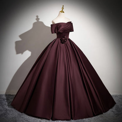 Wine Red Off Shoulder Ball Gown | Satin Prom & Wedding Guest Dress for Formal Events