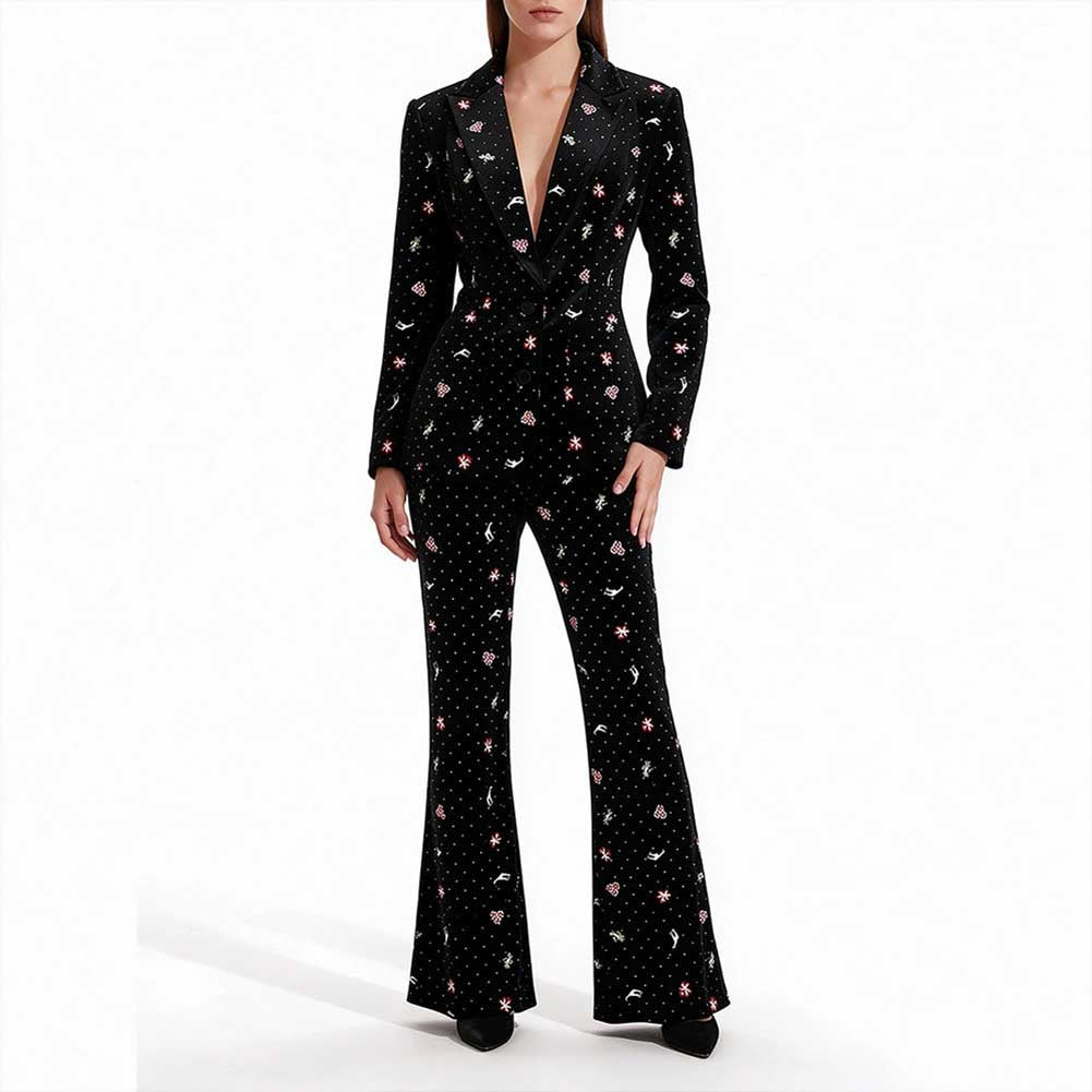 Black Velvet Floral Embroidered Blazer Flared Formal Suit