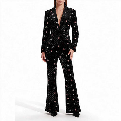 Black Velvet Floral Embroidered Blazer Flared Formal Suit