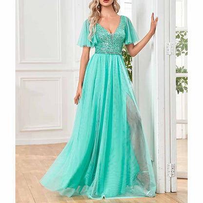 Women's Plus Size V-Neck Sparkle Evening Dresses with Short Sleeves