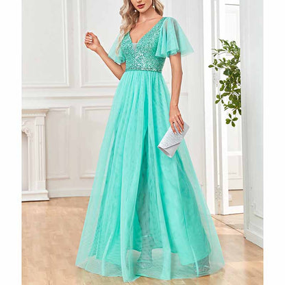 Women's Plus Size V-Neck Sparkle Evening Dresses with Short Sleeves