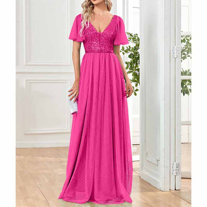 Women's Plus Size V-Neck Sparkle Evening Dresses with Short Sleeves