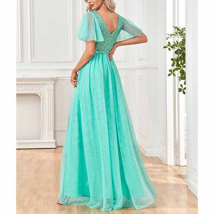 Women's Plus Size V-Neck Sparkle Evening Dresses with Short Sleeves