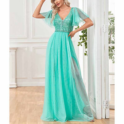 Women's Plus Size V-Neck Sparkle Evening Dresses with Short Sleeves